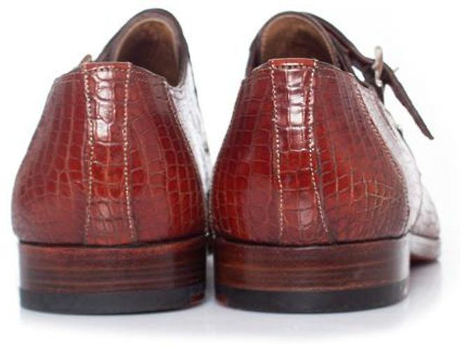 Santoni, scarpa double monk strap in coccodrillo marrone - vista 3