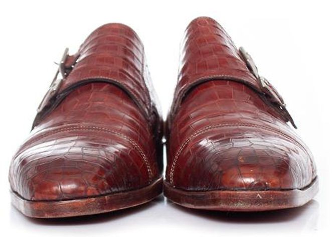 Santoni, scarpa double monk strap in coccodrillo marrone - vista 4
