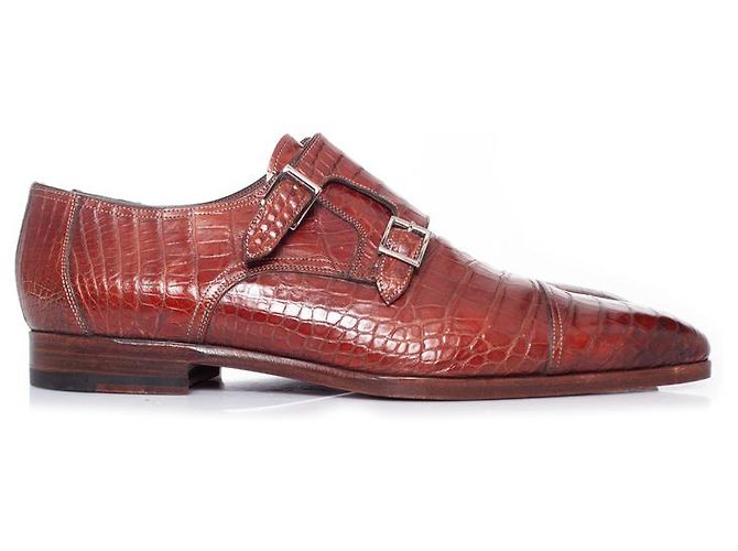 Santoni, scarpa double monk strap in coccodrillo marrone - vista 5