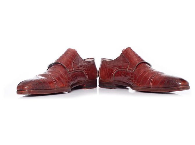 Santoni, scarpa double monk strap in coccodrillo marrone - vista 6