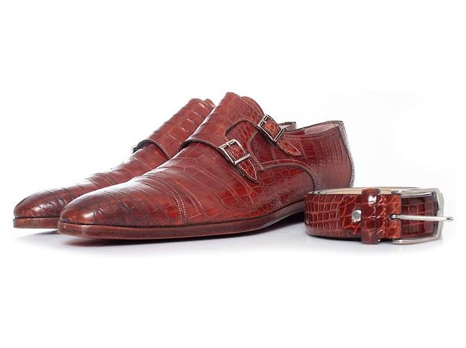 Santoni, scarpa double monk strap in coccodrillo marrone - vista 9