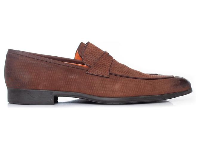Santoni, mocassini penny in camoscio texturizzato marrone - vista 4