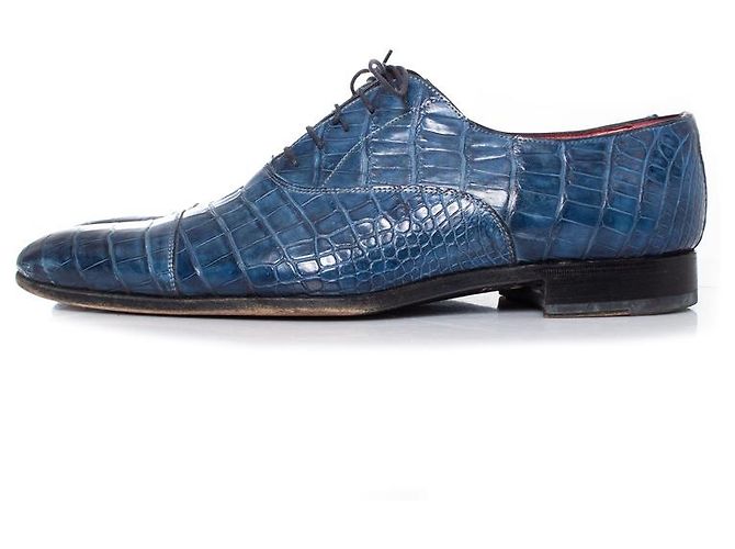 Santoni, Scarpe derby stringate in pelle di alligatore blu - vista 2
