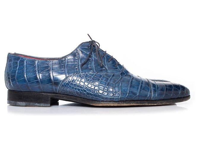 Santoni, Scarpe derby stringate in pelle di alligatore blu - vista 4