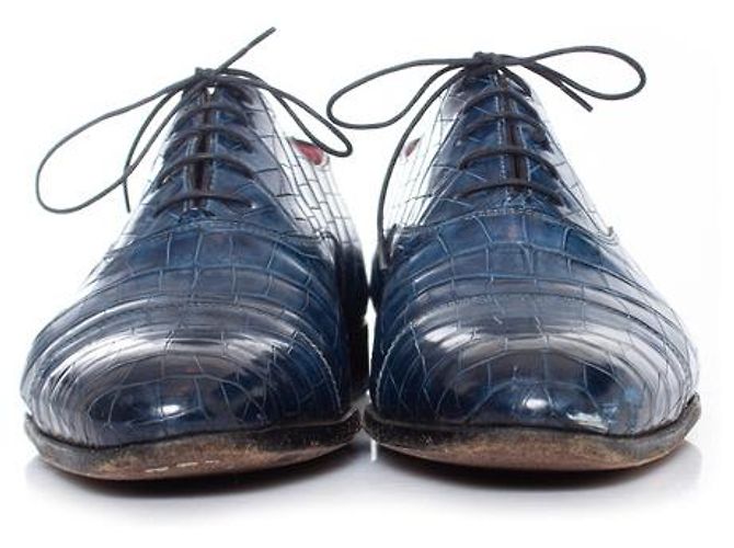 Santoni, Scarpe derby stringate in pelle di alligatore blu - vista 5