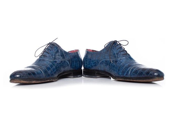 Santoni, Scarpe derby stringate in pelle di alligatore blu - vista 6
