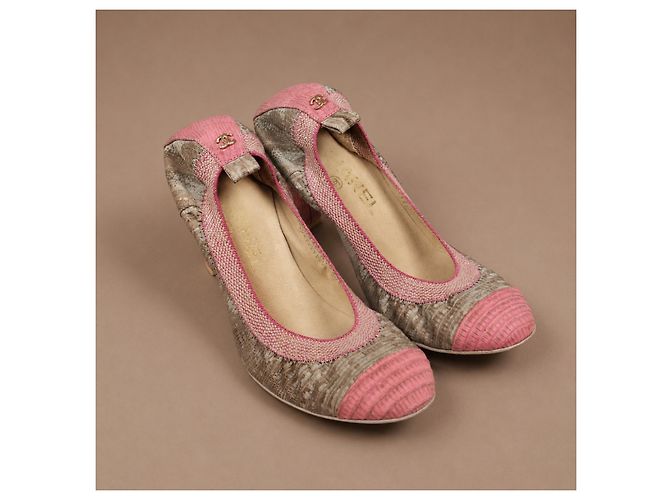 Chanel Décolleté in pelle di lucertola rosa - vista 4
