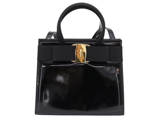 Salvatore Ferragamo Vala Hand Bag Patent leather 2way Black Gold - vista 2