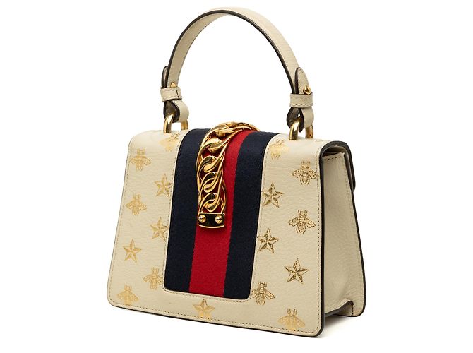 Borsa Gucci White Mini Calfskin Bee Star Web Sylvie Top Handle Bag - vista 2