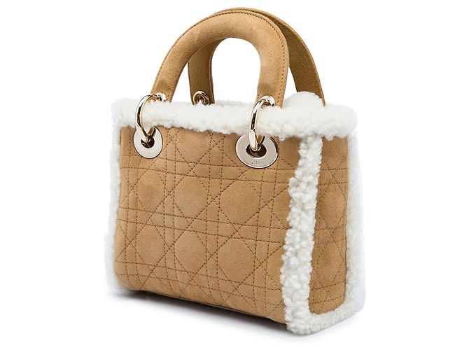 Lady Dior Mini in camoscio Cannage marrone con rifiniture in shearling - vista 2