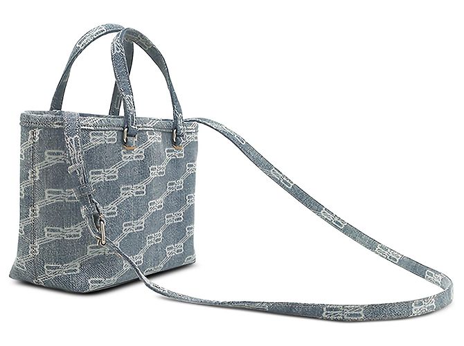 Balenciaga Borsa Tote East West Small BB Monogram in denim blu - vista 2