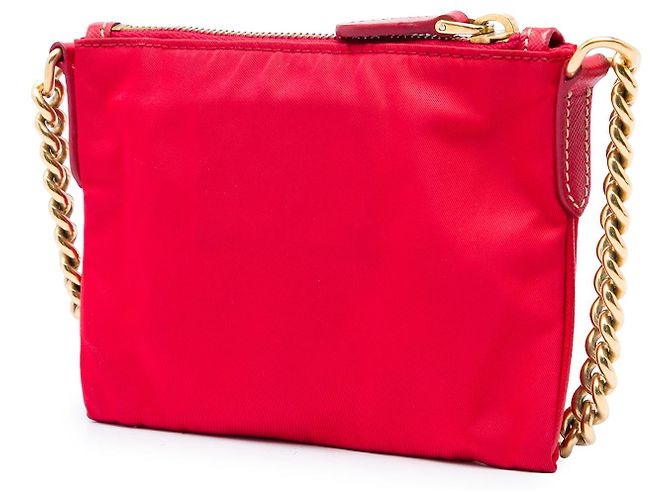 Borsa a tracolla Prada in Tessuto con rifiniture in Saffiano rosso e logo a catena - vista 2