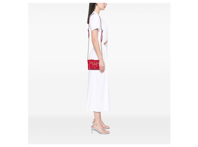 Borsa a tracolla Prada in Tessuto con rifiniture in Saffiano rosso e logo a catena - vista 5