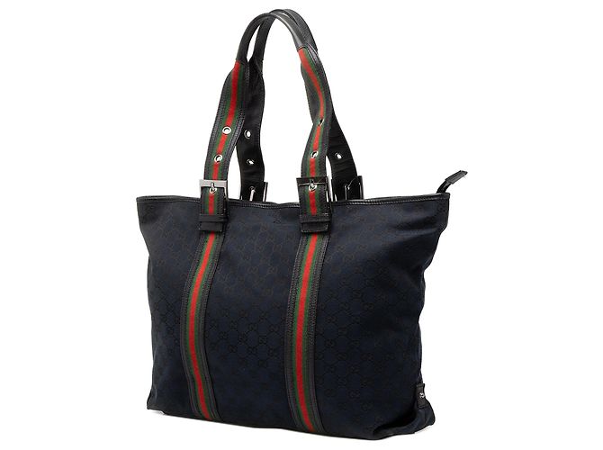 Borsa Shopper Tote Gucci in tela GG nera con banda Web - vista 2