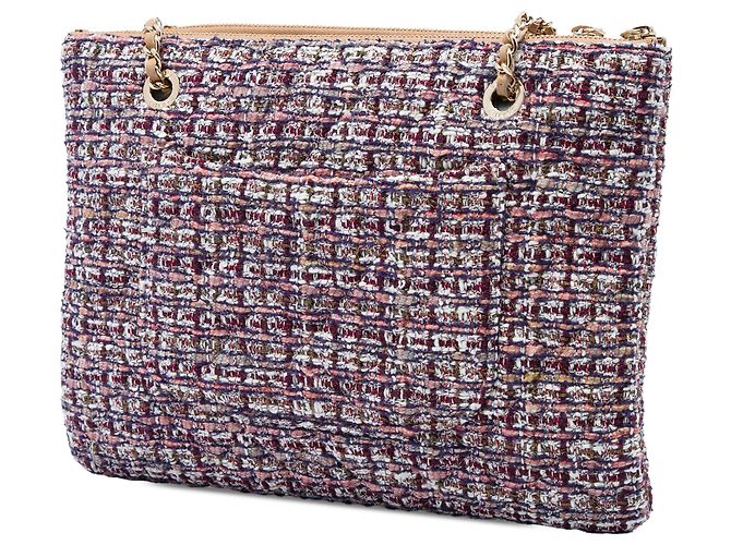 Doppio astuccio Chanel in tweed e pelle d'agnello matelassé marrone con catena - vista 2