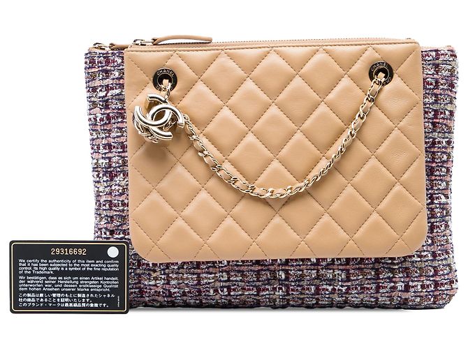 Doppio astuccio Chanel in tweed e pelle d'agnello matelassé marrone con catena - vista 6