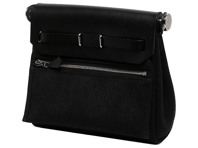 Hermès Herbag Zip 20 in Toile Military Nera e Vache Hunter - vista 2