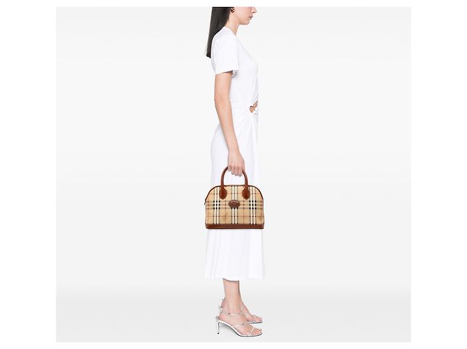 Borsa Dome Satchel Burberry Beige Haymarket Check Coated Canvas - vista 6