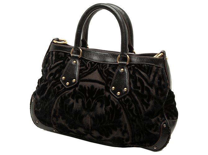 Borsa tote convertibile Prada in velluto burnout nero e tela Canapa con logo - vista 2