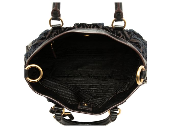 Borsa tote convertibile Prada in velluto burnout nero e tela Canapa con logo - vista 4