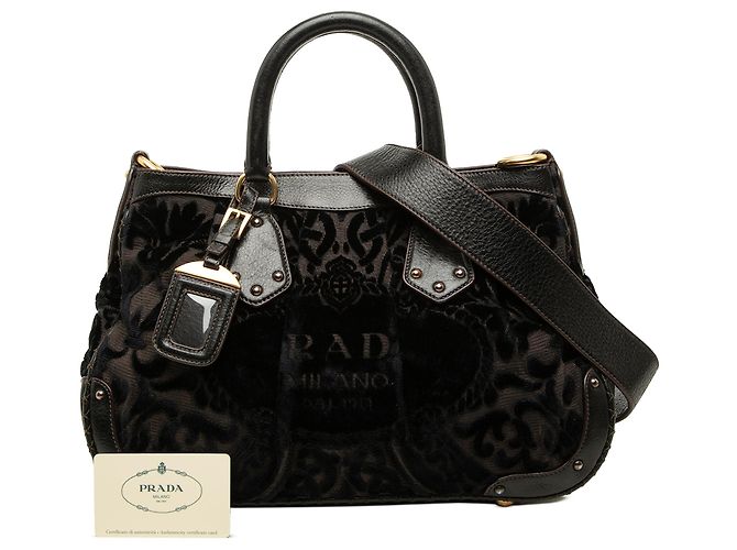 Borsa tote convertibile Prada in velluto burnout nero e tela Canapa con logo - vista 7