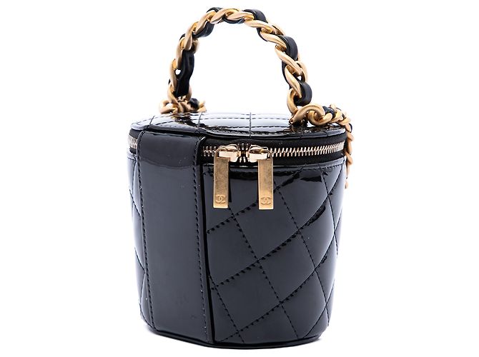 Borsa Vanity Chanel Afternoon Tea in vernice matelassé nera con manico e catena - vista 2