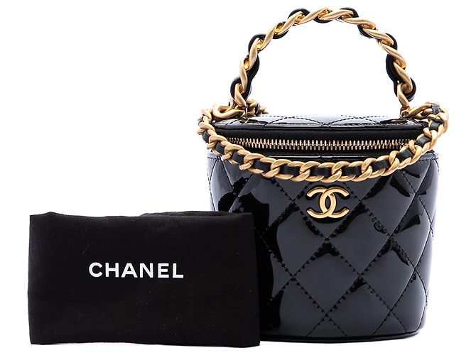 Borsa Vanity Chanel Afternoon Tea in vernice matelassé nera con manico e catena - vista 7
