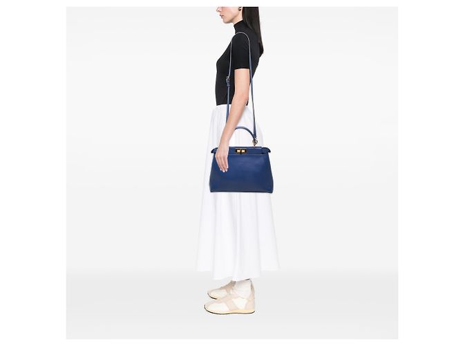 Borsa Satchel Peekaboo Iconic Fendi in pelle di vitello blu Medium - vista 6