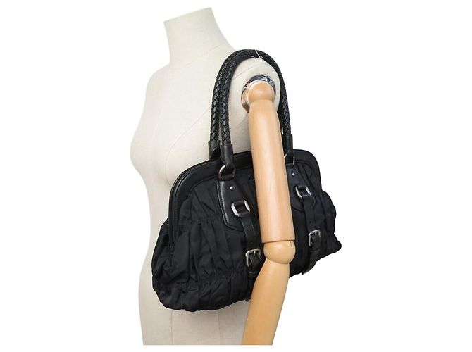 BORSA A MANO PRADA BOWLING BN1331 IN PELLE TESSUTO E NYLON PILESATO NERO - vista 7