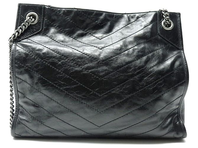 Yves Saint Laurent BORSA A MANO SAINT LAURENT NIKI SHOPPING BAG PELLE CHEVRON NERA LOGO YSL - vista 2