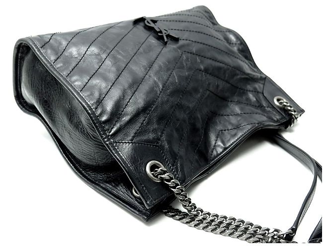 Yves Saint Laurent BORSA A MANO SAINT LAURENT NIKI SHOPPING BAG PELLE CHEVRON NERA LOGO YSL - vista 4