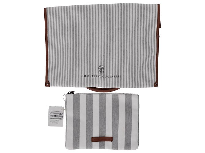 Brunello Cucinelli gestreifter Tote Bag aus grauem Canvas mit Lederbesatz - Ansicht 6