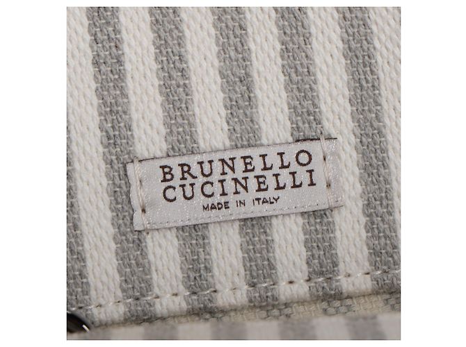 Brunello Cucinelli gestreifter Tote Bag aus grauem Canvas mit Lederbesatz - Ansicht 7
