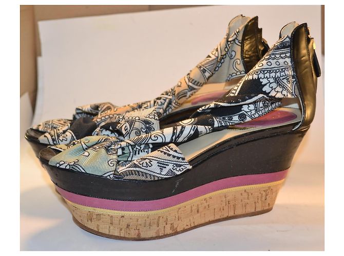 Etro Patterned Fabric and Leather Wedge Sandals - view 2