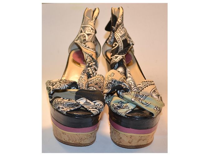 Etro Patterned Fabric and Leather Wedge Sandals - view 3
