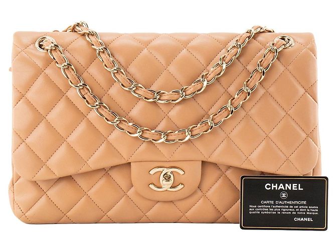 CHANEL - Borsa a tracolla Classic/Timeless Jumbo Chanel in pelle liscia beige - vista 12