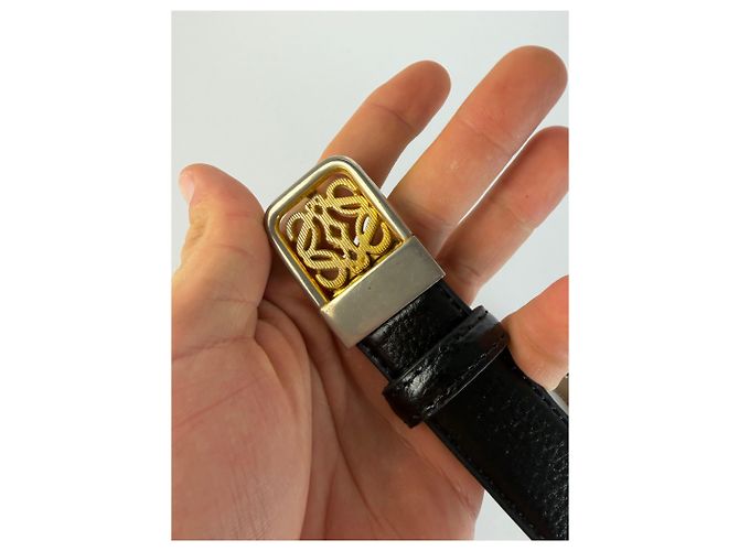 Vintage Loewe Anagram Buckle Ledergürtel Ende 1990s Black Gold - Ansicht 2