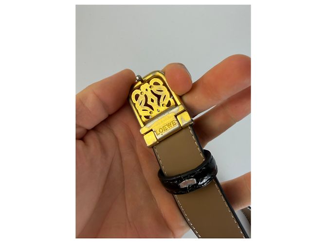 Vintage Loewe Anagram Buckle Ledergürtel Ende 1990s Black Gold - Ansicht 3