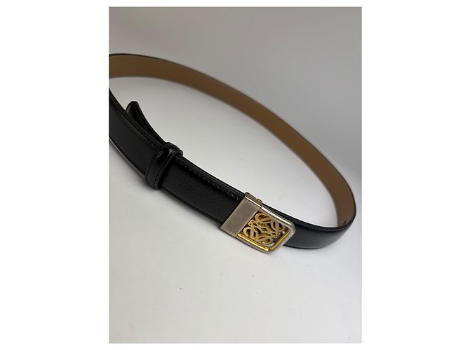 Vintage Loewe Anagram Buckle Ledergürtel Ende 1990s Black Gold - Ansicht 4