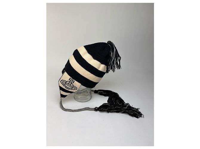 Cappello in maglia vintage Vivienne Westwood con paraorecchie Navy Cream - vista 10