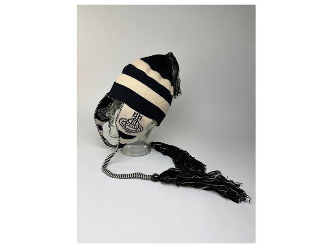 Cappello in maglia vintage Vivienne Westwood con paraorecchie Navy Cream - vista 11