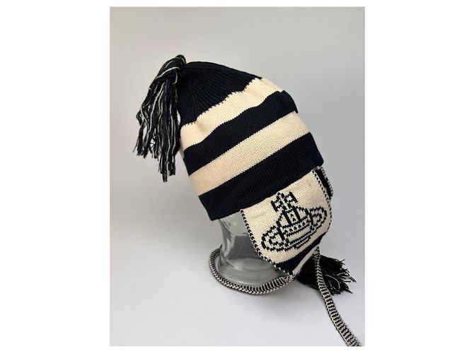 Cappello in maglia vintage Vivienne Westwood con paraorecchie Navy Cream - vista 12