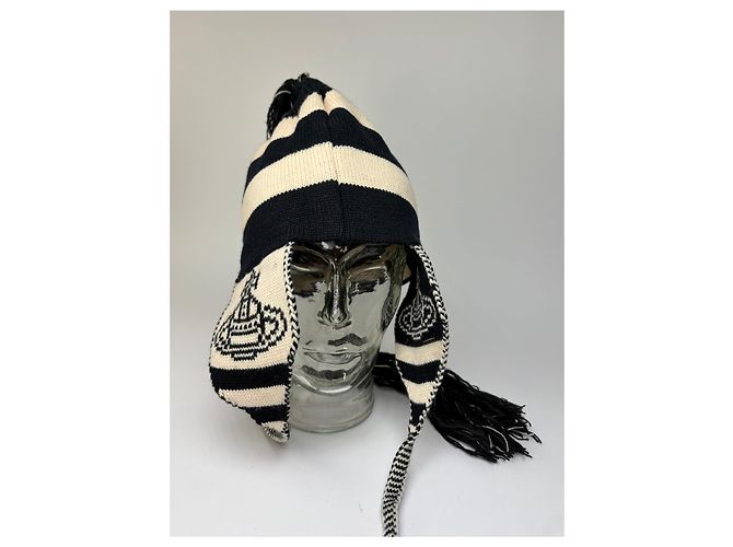 Cappello in maglia vintage Vivienne Westwood con paraorecchie Navy Cream - vista 2