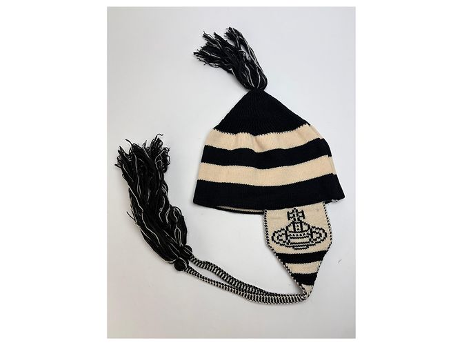 Cappello in maglia vintage Vivienne Westwood con paraorecchie Navy Cream - vista 3