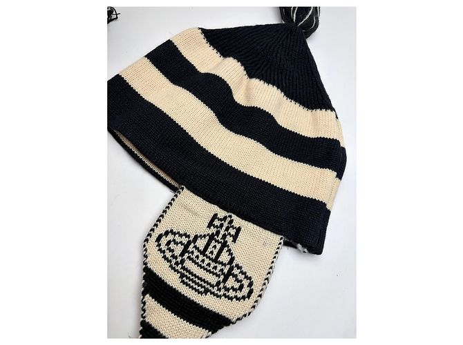 Cappello in maglia vintage Vivienne Westwood con paraorecchie Navy Cream - vista 5