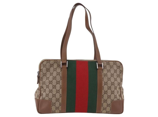 GUCCI GG Canvas Web Sherry Line Tote Bag Beige Silver Red - vista 3