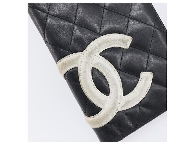 CHANEL Cambon Line Long Wallet Lamb Skin Black White CC - vista 13