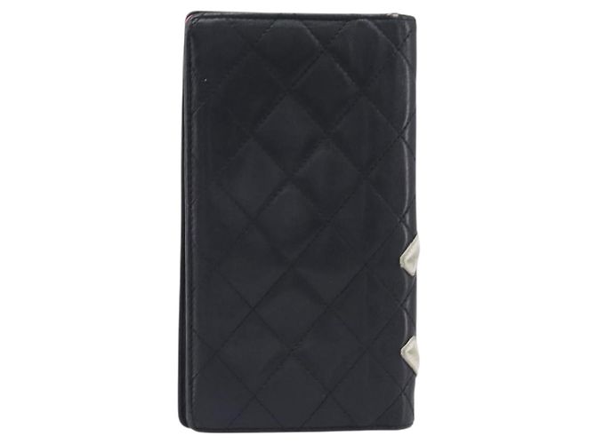 CHANEL Cambon Line Long Wallet Lamb Skin Black White CC - vista 3