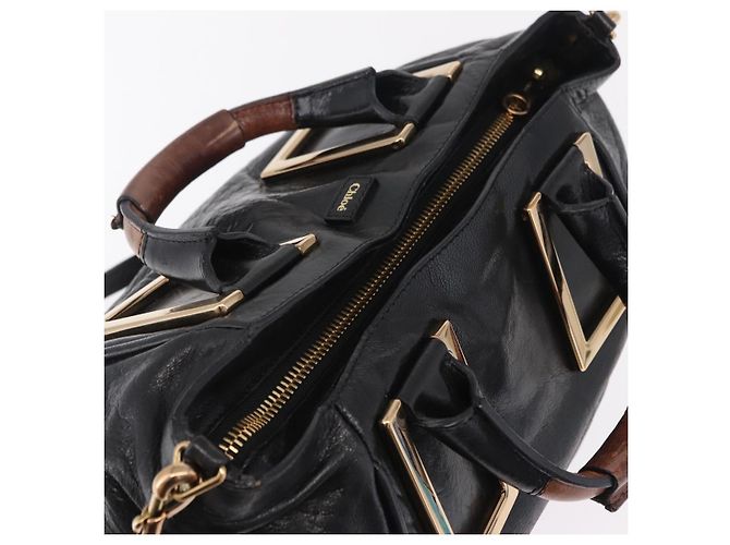Chloé Chloe Etel Hand Bag Leather 2way Black Gold - vista 6