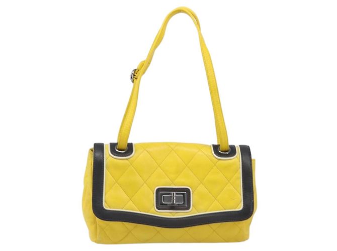 CHANEL Matelasse 2.55 Shoulder Bag Lamb Skin Yellow Silver CC - vista 13